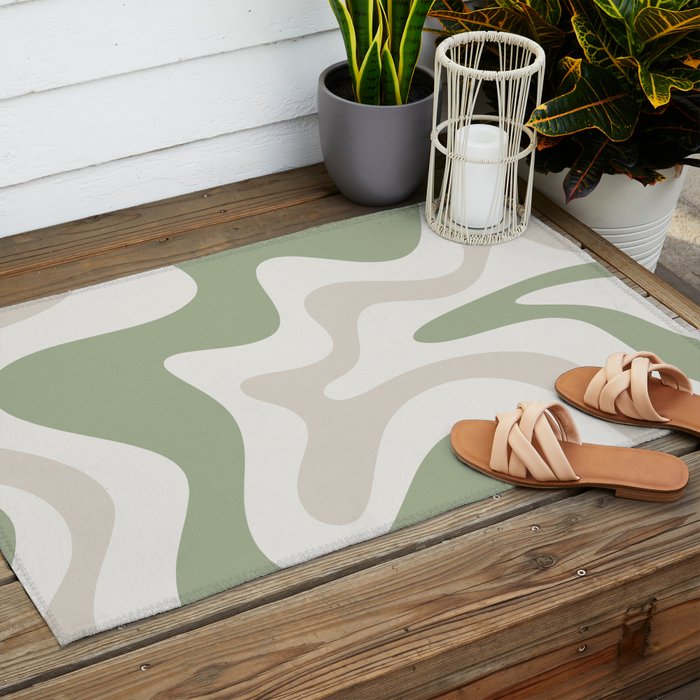 Retro Liquid Swirl Abstract Pattern in Cream, Sage, Beige Outdoor Rug Gallery Image 2