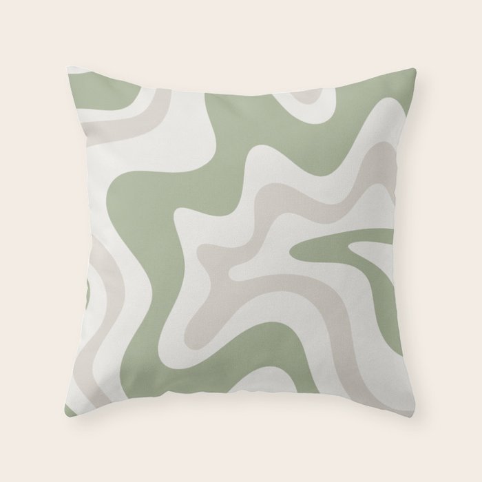 Retro Liquid Swirl Abstract Pattern in Cream, Sage, Beige Throw Pillow Gallery Image 1