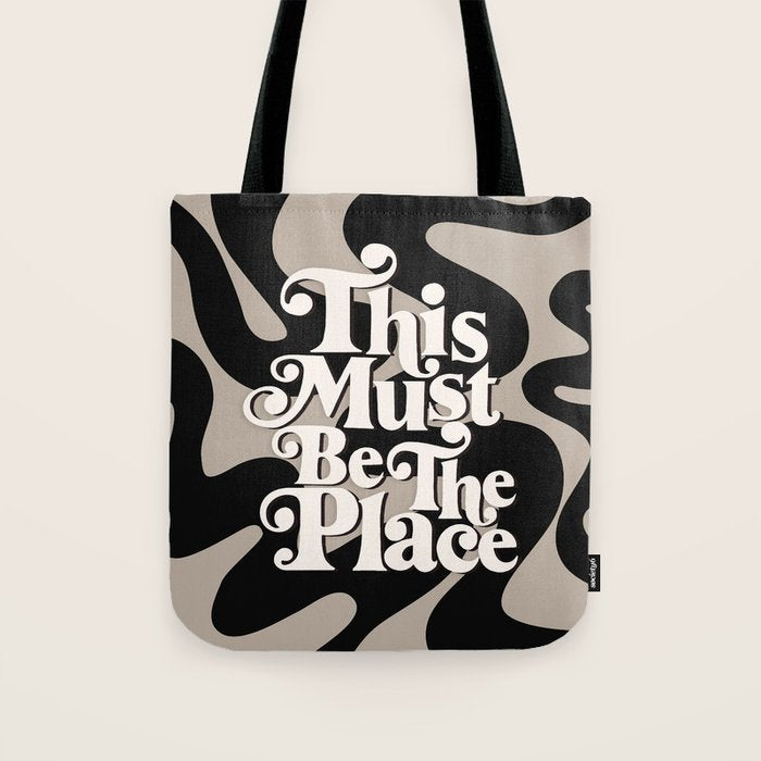 This Must Be The Place - 70s, Vintage, Retro, Abstract Pattern (Black & Beige) Tote Bag Gallery Image 1