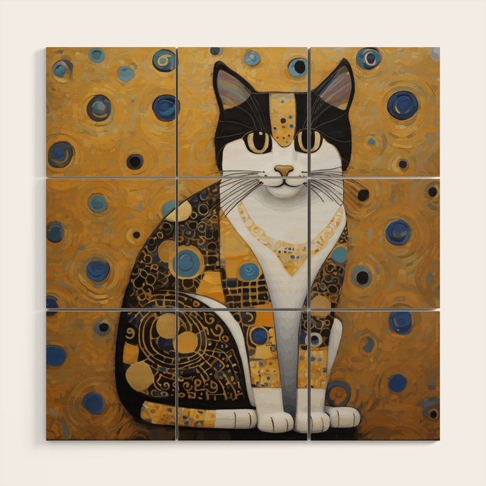 Pretty Klimt Cat with Gold Jewelry Wood Wall Art Gallery Image 1