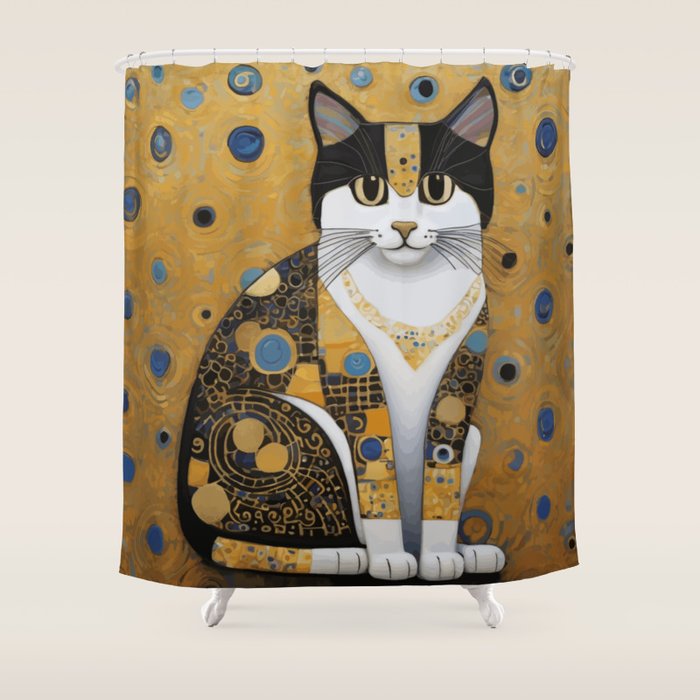 Pretty Klimt Cat with Gold Jewelry Shower Curtain Gallery Image 1