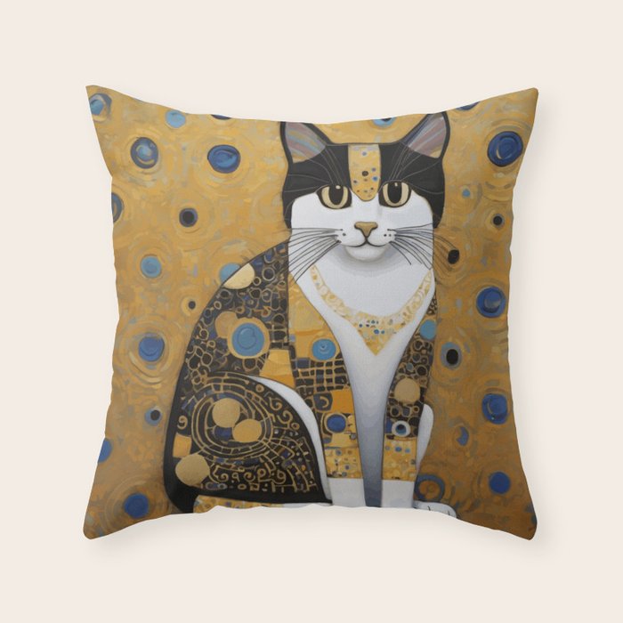 Pretty Klimt Cat with Gold Jewelry Throw Pillow Gallery Image 6