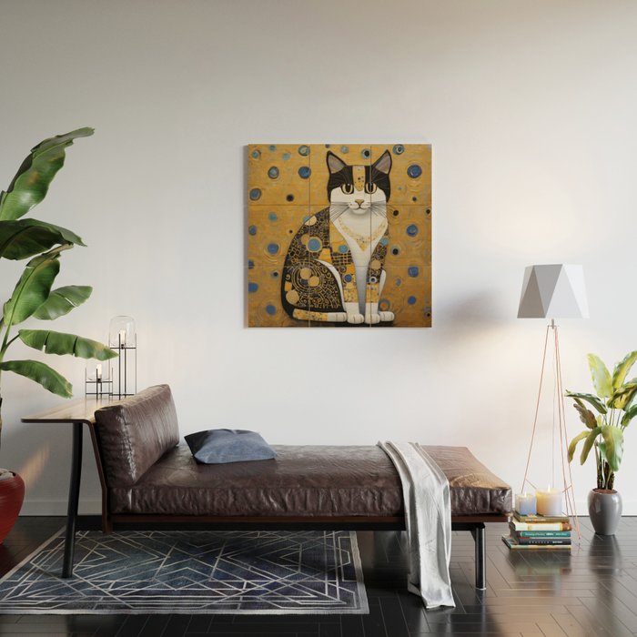 Pretty Klimt Cat with Gold Jewelry Wood Wall Art Gallery Image 2