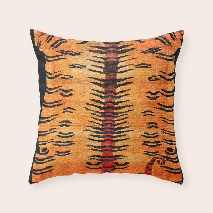 Tibetan Antique Tiger Rug Print Throw Pillow Gallery Image 1