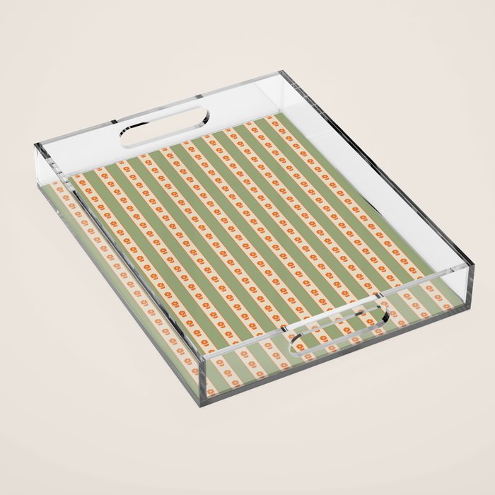 Cottage Stripes and Flowers Pattern in Sage Orange Mustard Beige Acrylic Tray Gallery Image 1