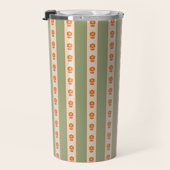 Cottage Stripes and Flowers Pattern in Sage Orange Mustard Beige Travel Mug Gallery Image 3