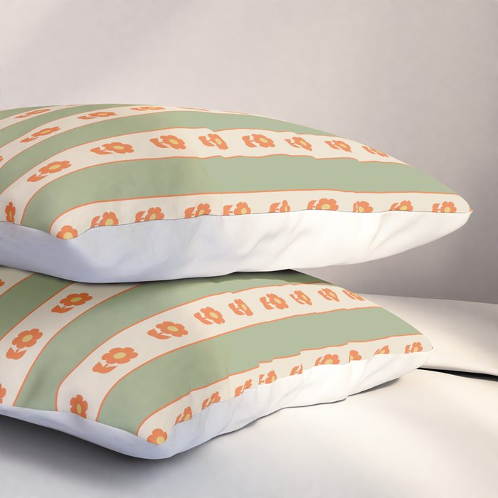 Cottage Stripes and Flowers Pattern in Sage Orange Mustard Beige Pillow Sham Gallery Image 3