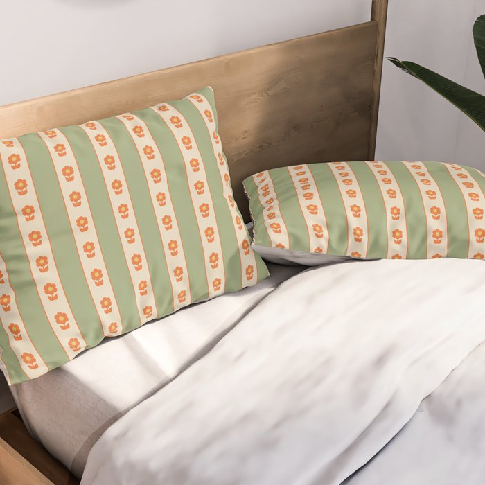 Cottage Stripes and Flowers Pattern in Sage Orange Mustard Beige Pillow Sham Gallery Image 2