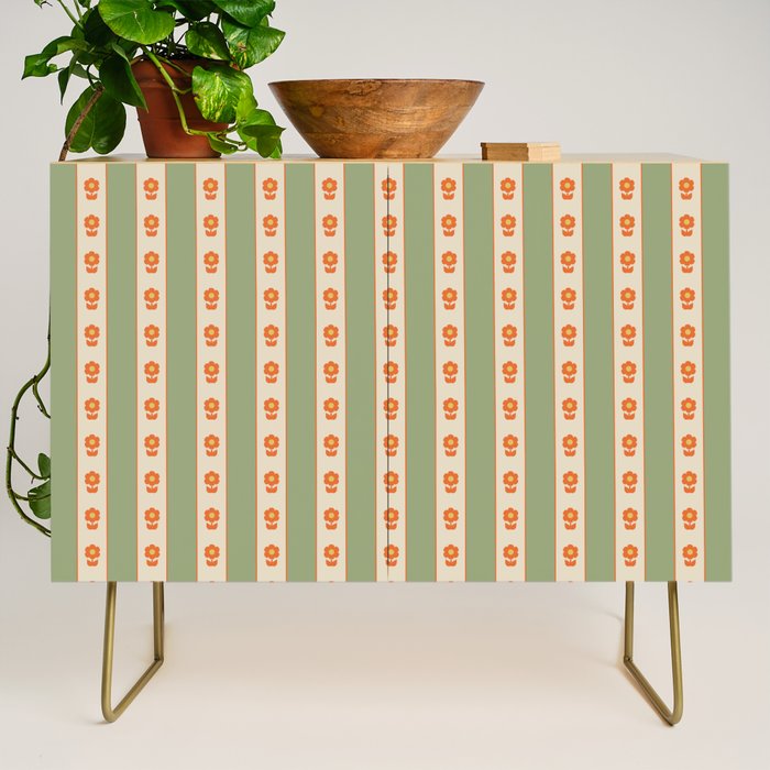 Cottage Stripes and Flowers Pattern in Sage Orange Mustard Beige Credenza Gallery Image 1