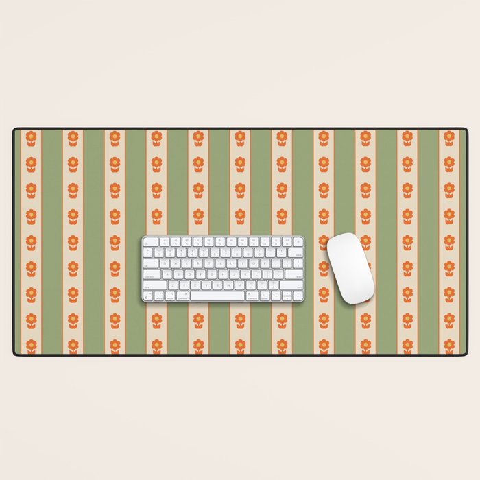 Cottage Stripes and Flowers Pattern in Sage Orange Mustard Beige Desk Mat Gallery Image 1