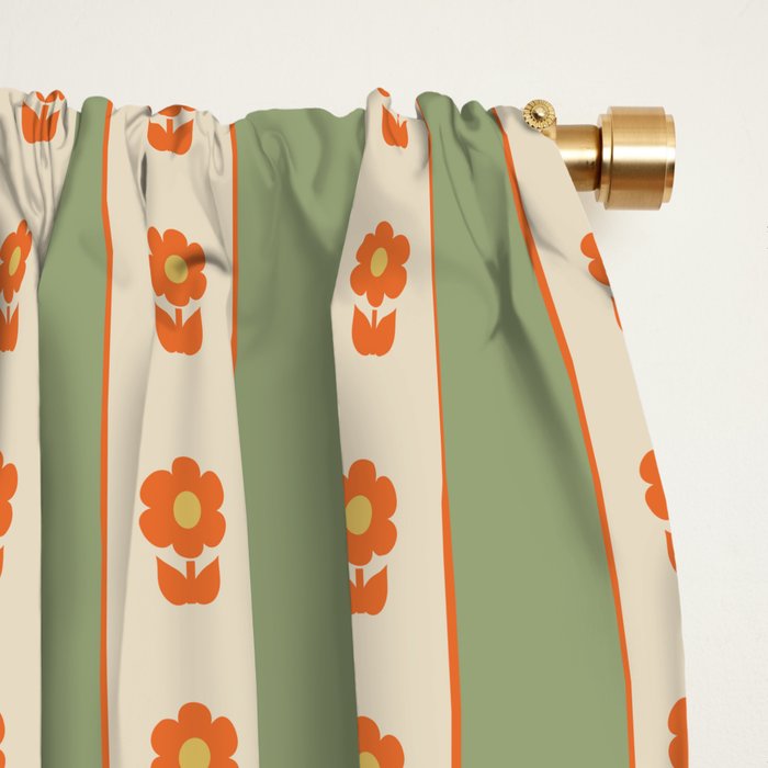 Cottage Stripes and Flowers Pattern in Sage Orange Mustard Beige Window Curtain Gallery Image 2