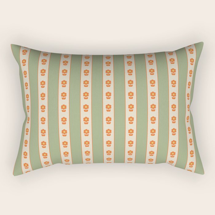 Cottage Stripes and Flowers Pattern in Sage Orange Mustard Beige Rectangular Pillow Gallery Image 1