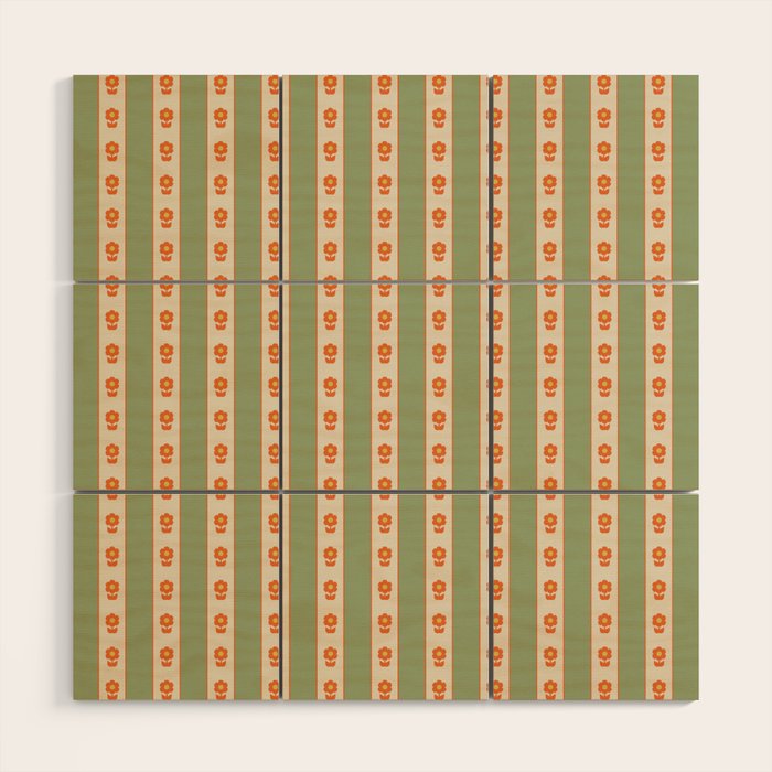 Cottage Stripes and Flowers Pattern in Sage Orange Mustard Beige Wood Wall Art Gallery Image 1