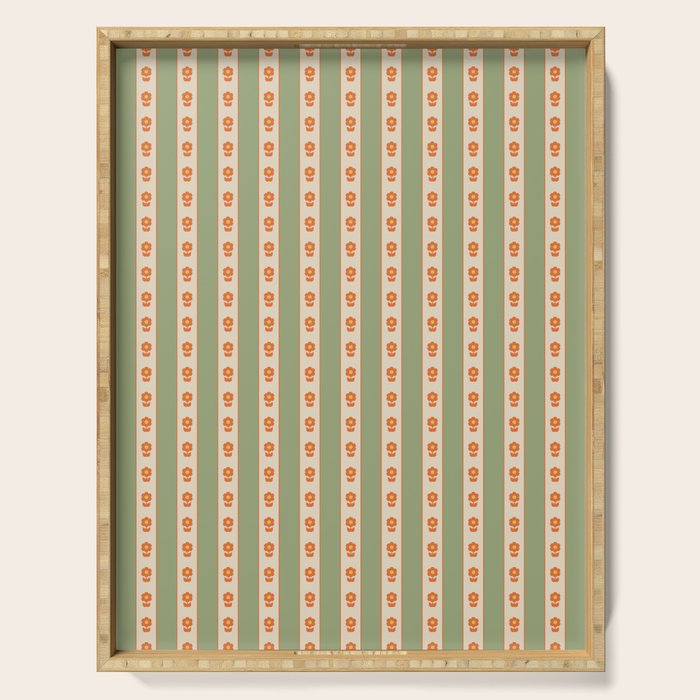 Cottage Stripes and Flowers Pattern in Sage Orange Mustard Beige Serving Tray Gallery Image 1