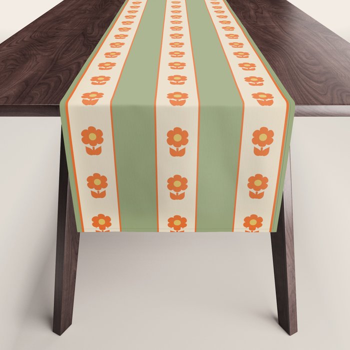 Cottage Stripes and Flowers Pattern in Sage Orange Mustard Beige Table Runner Gallery Image 1