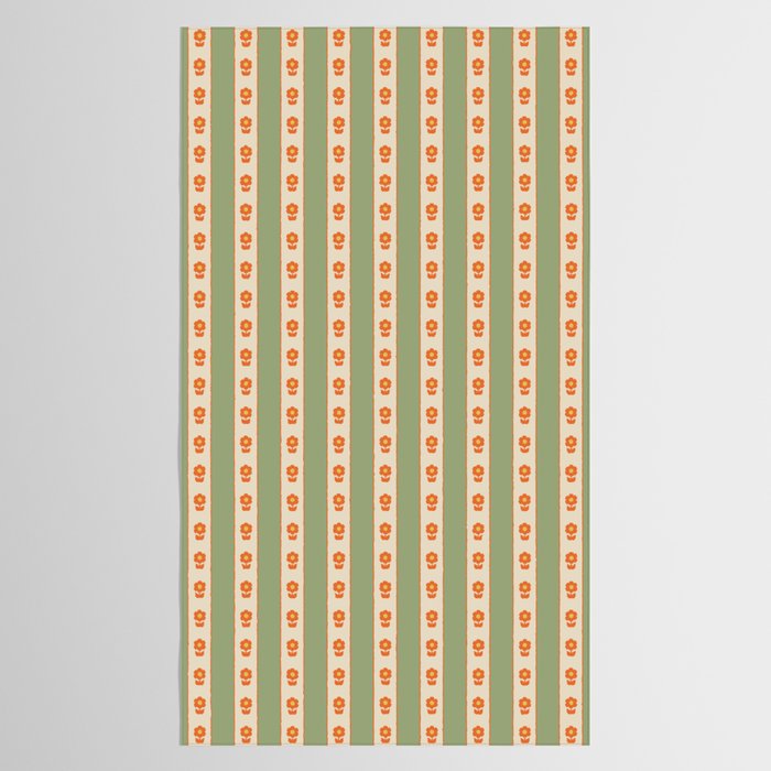 Cottage Stripes and Flowers Pattern in Sage Orange Mustard Beige Tablecloth Gallery Image 2