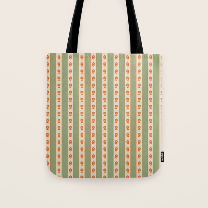 Cottage Stripes and Flowers Pattern in Sage Orange Mustard Beige Tote Bag Gallery Image 1