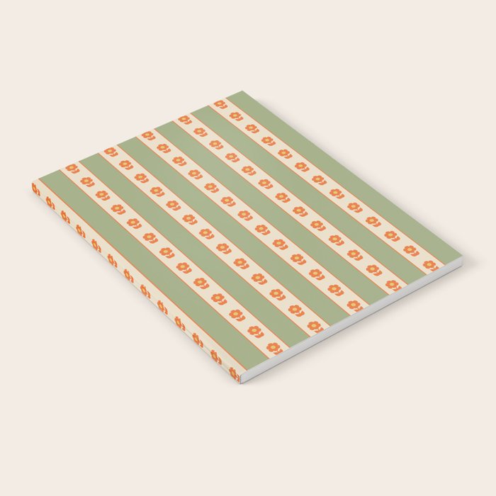 Cottage Stripes and Flowers Pattern in Sage Orange Mustard Beige Notebook Gallery Image 2