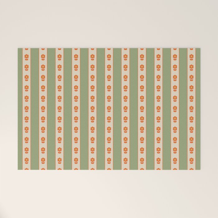 Cottage Stripes and Flowers Pattern in Sage Orange Mustard Beige Welcome Mat Gallery Image 1