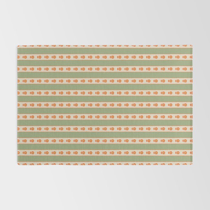 Cottage Stripes and Flowers Pattern in Sage Orange Mustard Beige Rug Gallery Image 2