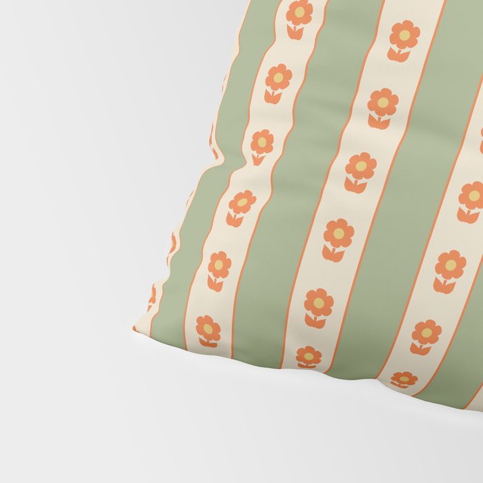 Cottage Stripes and Flowers Pattern in Sage Orange Mustard Beige Pillow Sham Gallery Image 4