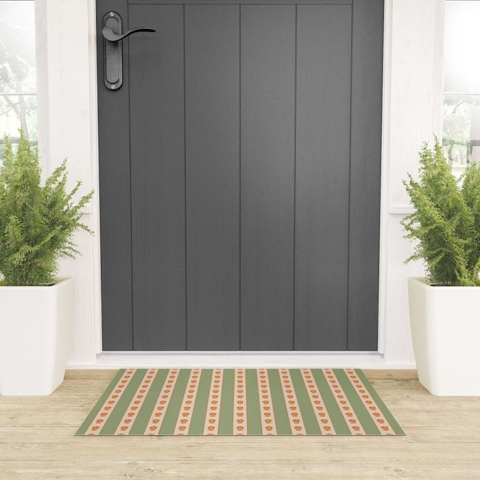Cottage Stripes and Flowers Pattern in Sage Orange Mustard Beige Welcome Mat Gallery Image 3