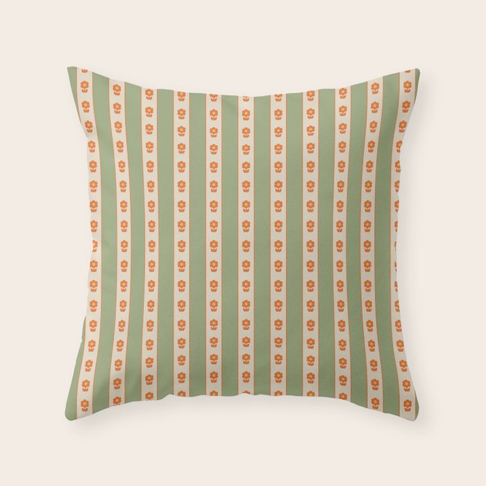 Cottage Stripes and Flowers Pattern in Sage Orange Mustard Beige Throw Pillow Gallery Image 6