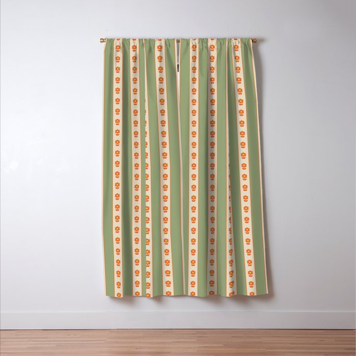 Cottage Stripes and Flowers Pattern in Sage Orange Mustard Beige Window Curtain Gallery Image 3