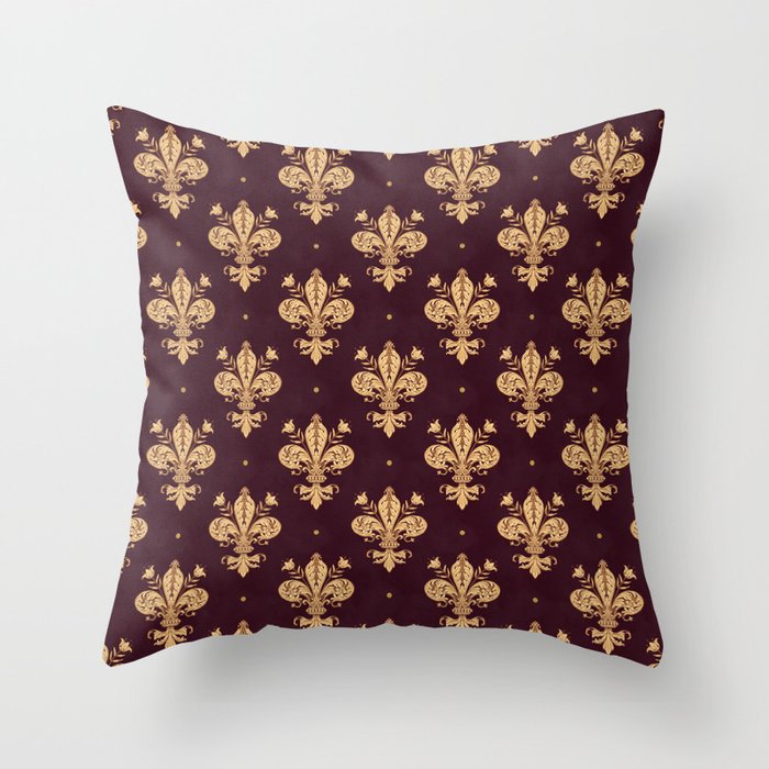 Fleur De Lis In Royal Burgundy and Gold Throw Pillow Gallery Image 1