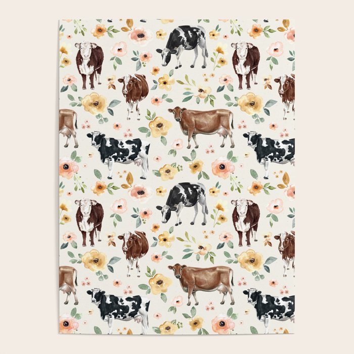 Cows with Pink and Yellow Flowers on Cream, Cow Illustration, Floral Poster Gallery Image 4