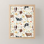 Cows with Pink and Yellow Flowers on Cream, Cow Illustration, Floral Mini Art Print Gallery Image 1