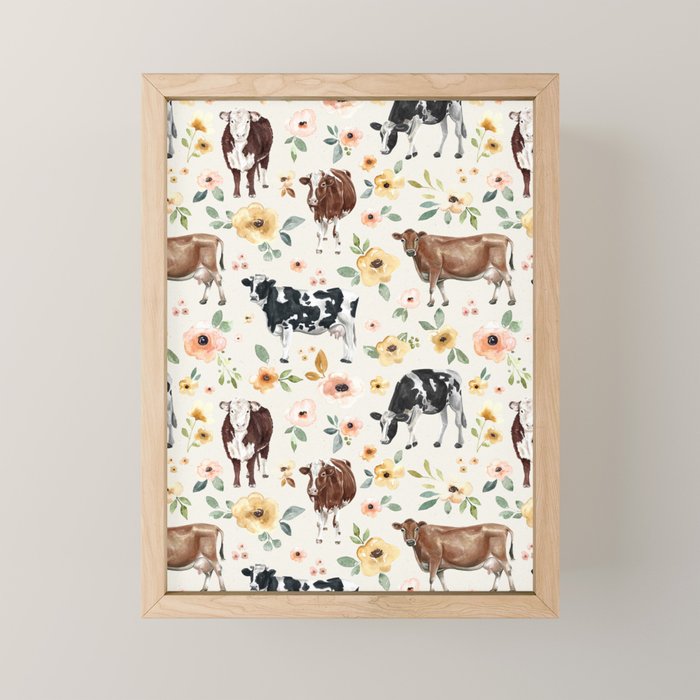 Cows with Pink and Yellow Flowers on Cream, Cow Illustration, Floral Mini Art Print Gallery Image 1