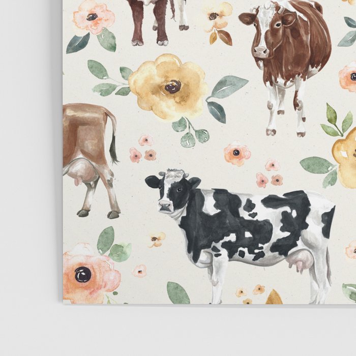 Cows with Pink and Yellow Flowers on Cream, Cow Illustration, Floral Poster Gallery Image 3