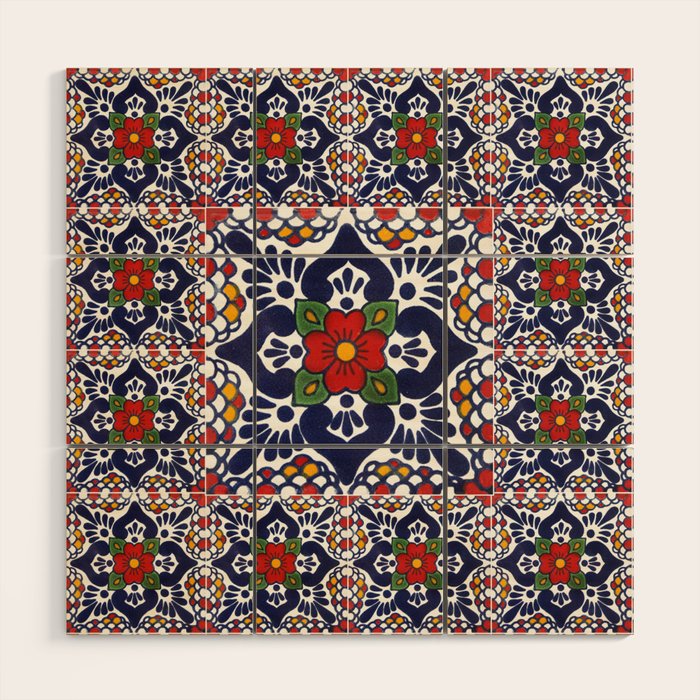 talavera mexican tile pattern Wood Wall Art Gallery Image 1