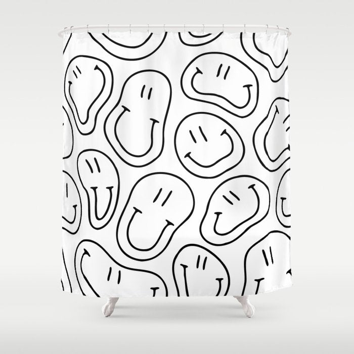 Black and white happy smiling face cartoon pattern Shower Curtain Gallery Image 1