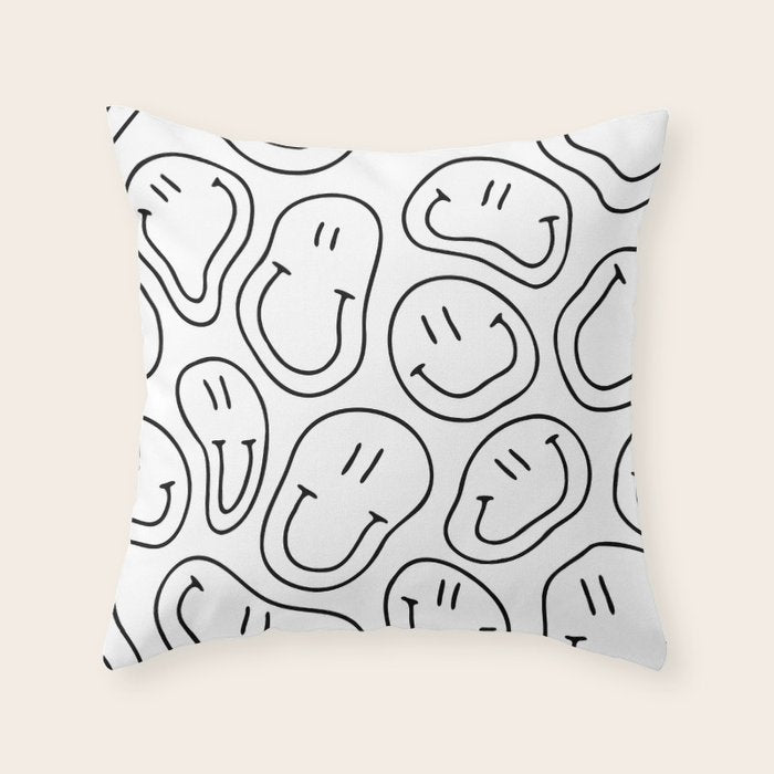 Black and white happy smiling face cartoon pattern Throw Pillow Gallery Image 6