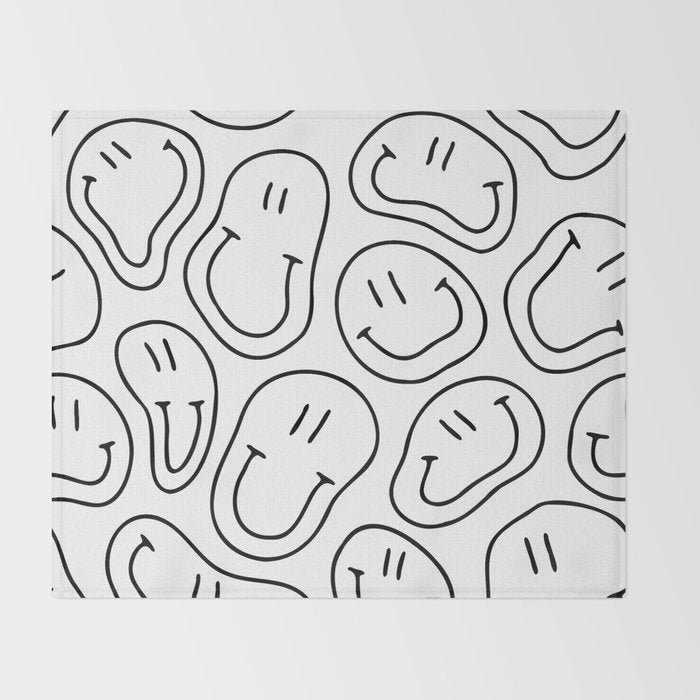 Black and white happy smiling face cartoon pattern Throw Blanket Gallery Image 2