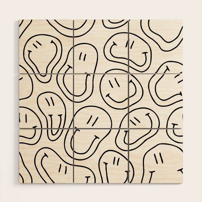 Black and white happy smiling face cartoon pattern Wood Wall Art Gallery Image 1