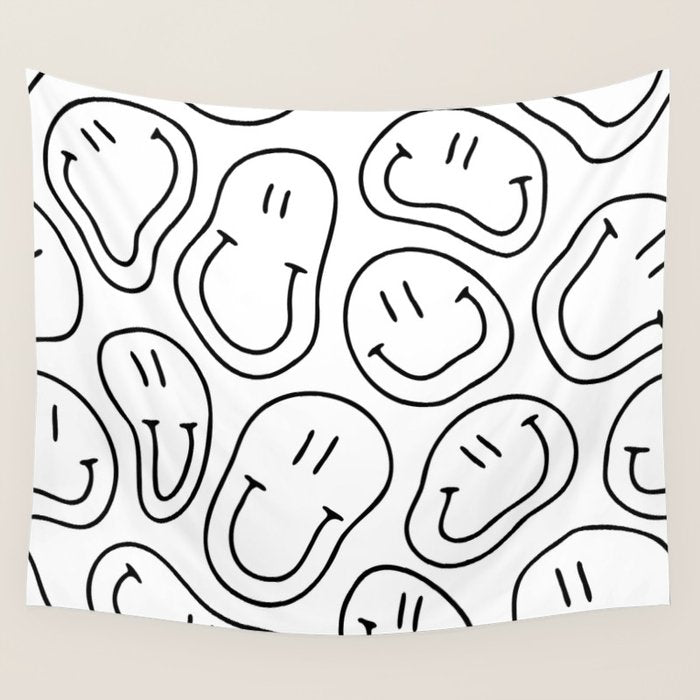 Black and white happy smiling face cartoon pattern Wall Tapestry Gallery Image 4