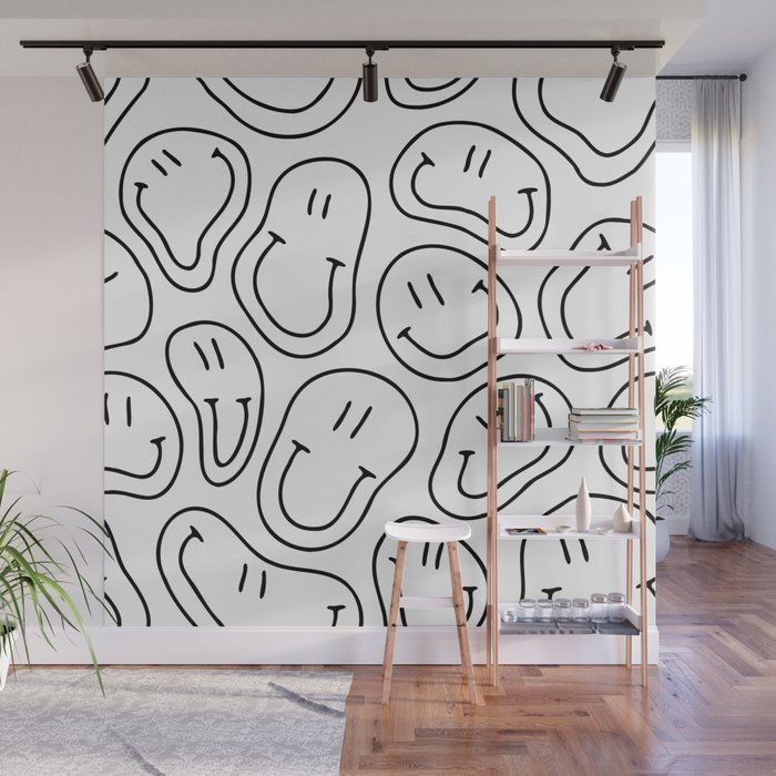 Black and white happy smiling face cartoon pattern Wall Mural Gallery Image 1