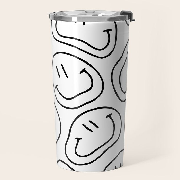 Black and white happy smiling face cartoon pattern Travel Mug Gallery Image 2