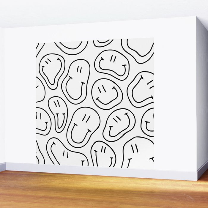 Black and white happy smiling face cartoon pattern Wall Mural Gallery Image 2