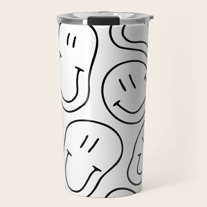 Black and white happy smiling face cartoon pattern Travel Mug Gallery Image 1