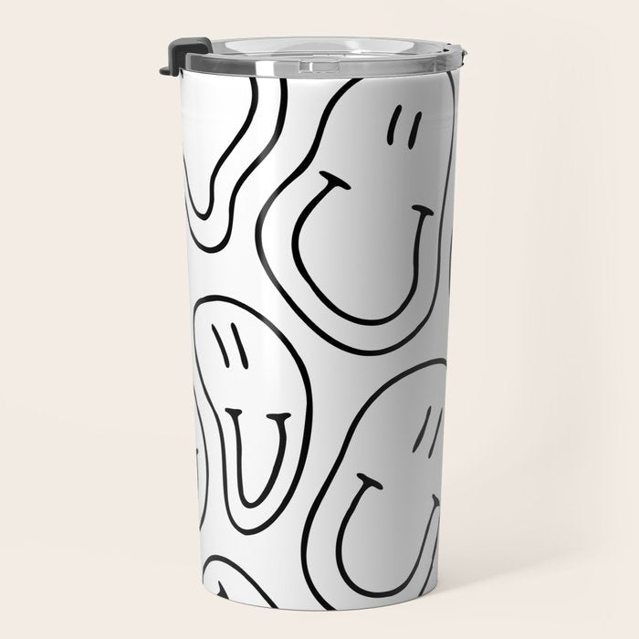 Black and white happy smiling face cartoon pattern Travel Mug Gallery Image 3