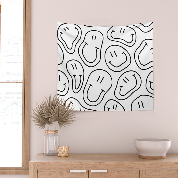 Black and white happy smiling face cartoon pattern Wall Tapestry Gallery Image 2