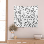 Black and white happy smiling face cartoon pattern Wall Tapestry Gallery Image 2