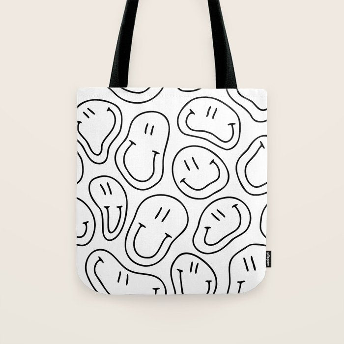 Black and white happy smiling face cartoon pattern Tote Bag Gallery Image 1