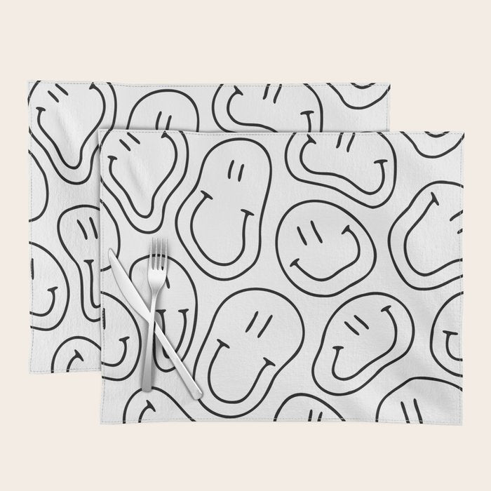 Black and white happy smiling face cartoon pattern Placemat Gallery Image 1