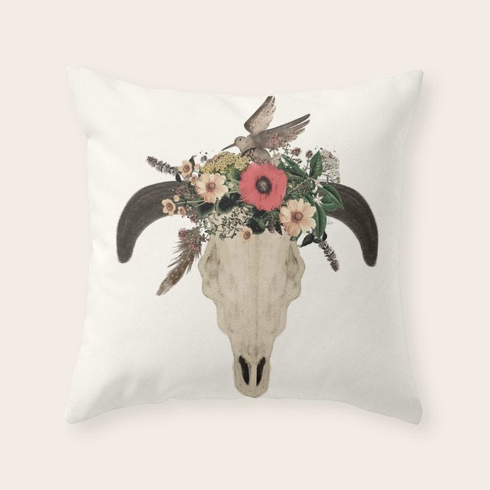 cow skull flowers Throw Pillow Gallery Image 6