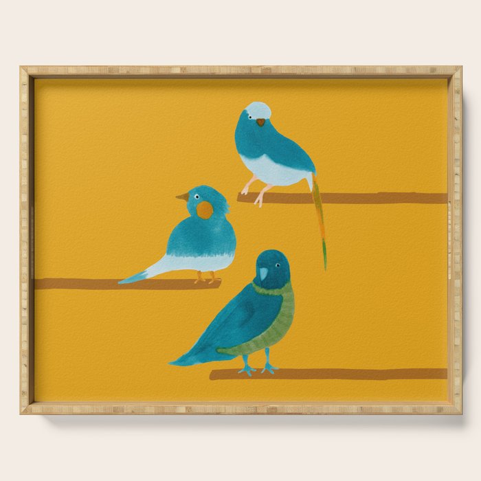 Three Friendly Birds - Turquoise and Yellow Serving Tray
